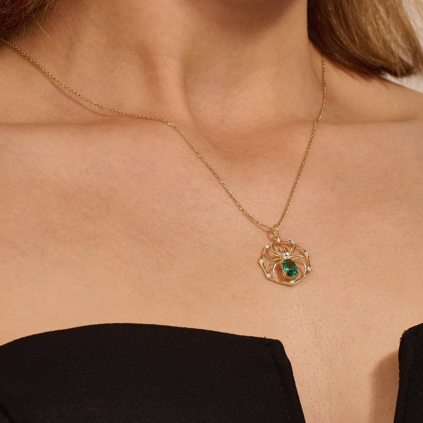 Emerald Spider Necklace in Gold