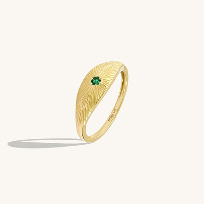 Emerald Sunburst Signet Ring in Gold