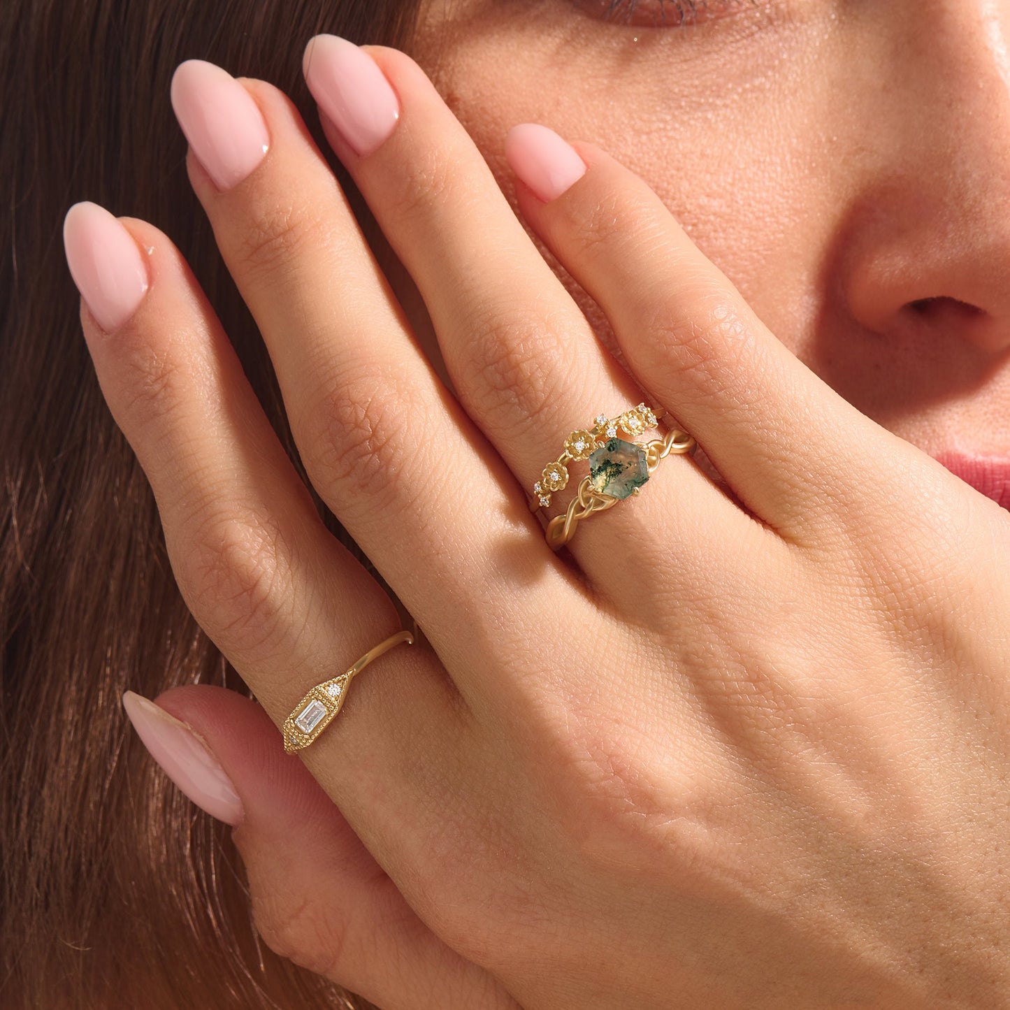 Hexagon Moss Agate Celtic Solitaire Ring in Gold
