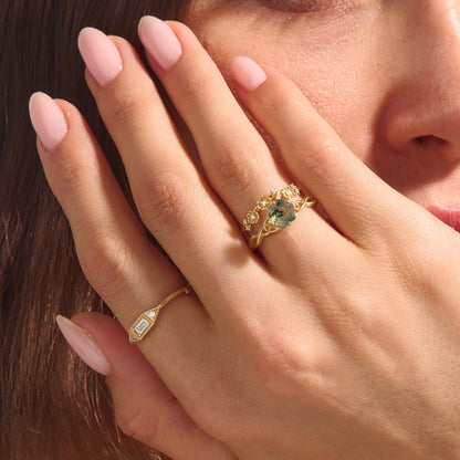 Hexagon Moss Agate Celtic Solitaire Ring in Gold