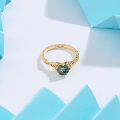 Hexagon Moss Agate Celtic Solitaire Ring in Gold
