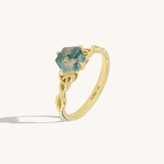 Hexagon Moss Agate Celtic Solitaire Ring in Gold