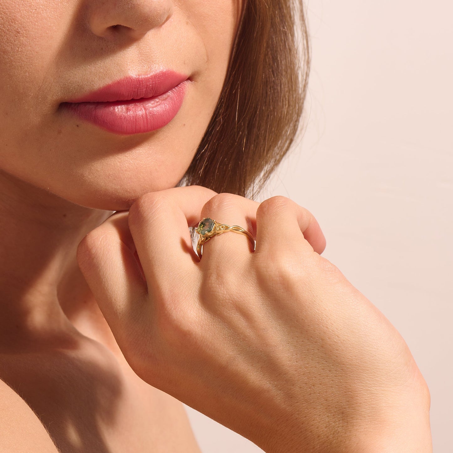 Hexagon Moss Agate Celtic Solitaire Ring in Gold