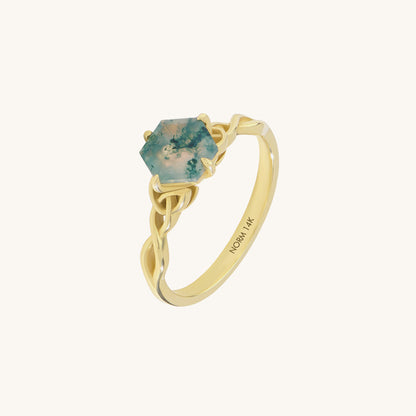 Hexagon Moss Agate Celtic Solitaire Ring in Gold