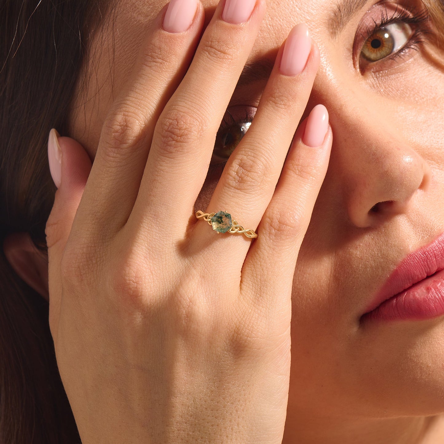 Hexagon Moss Agate Celtic Solitaire Ring in Gold