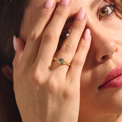 Hexagon Moss Agate Celtic Solitaire Ring in Gold