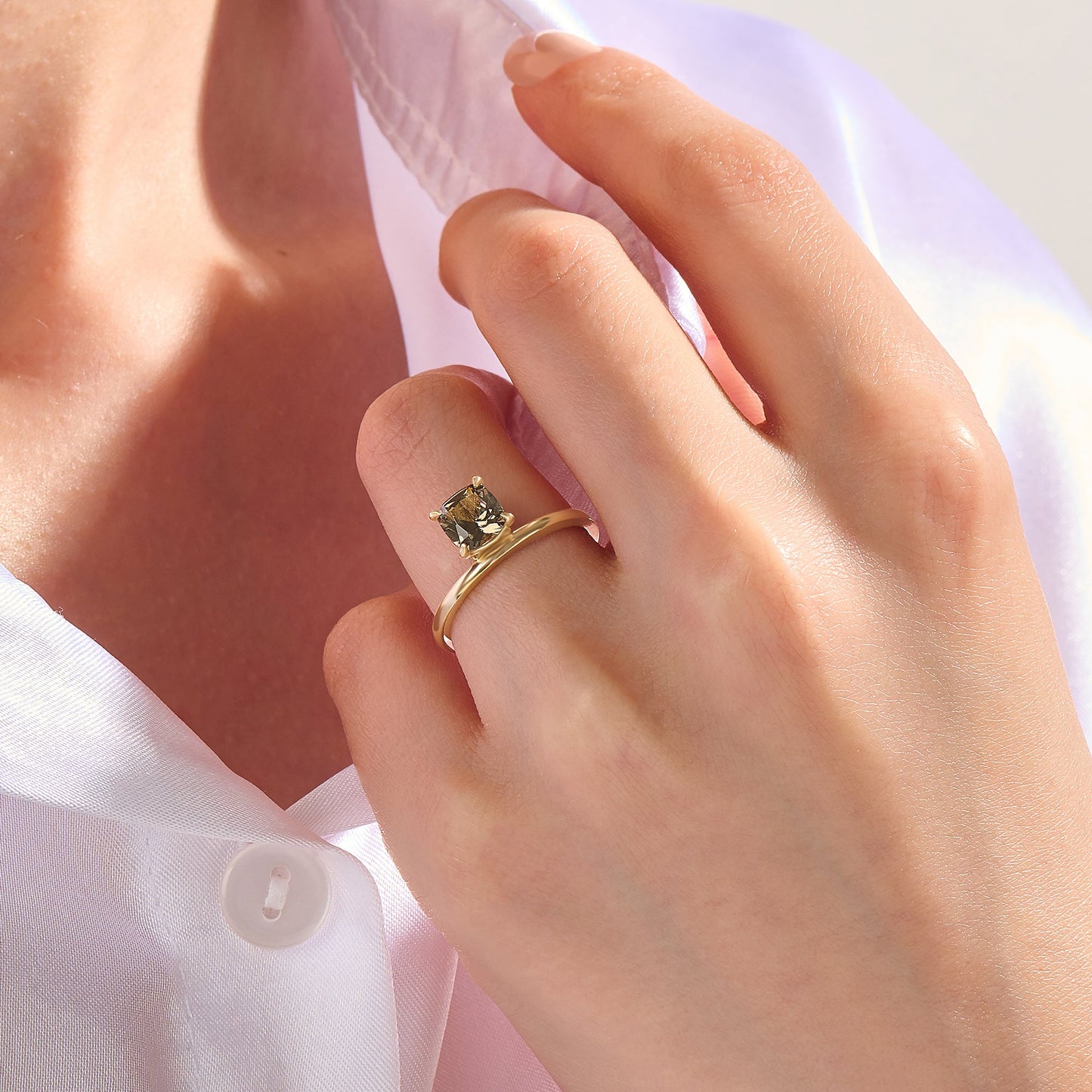 Hover Smokey Gray Cushion Solitaire Ring in Gold