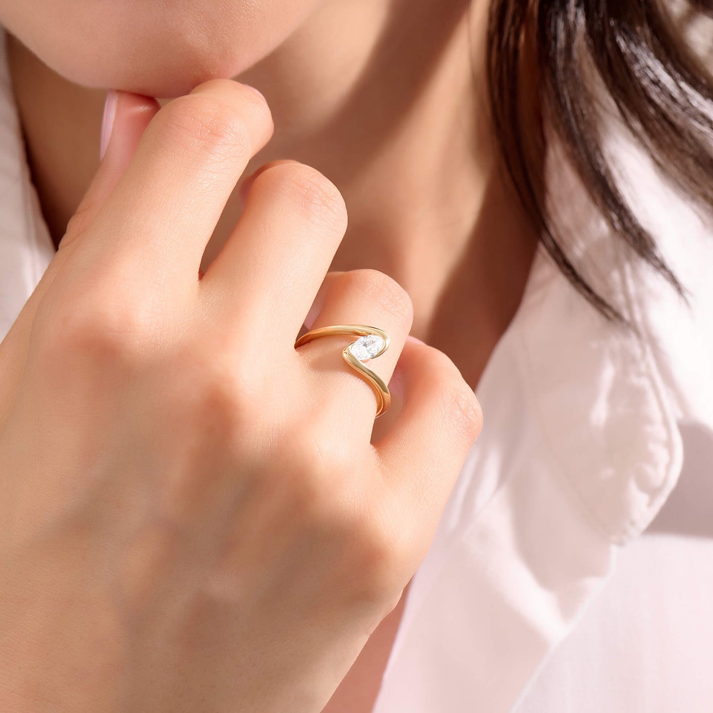 Marquise Moissanite Solitaire Bypass Ring in Gold