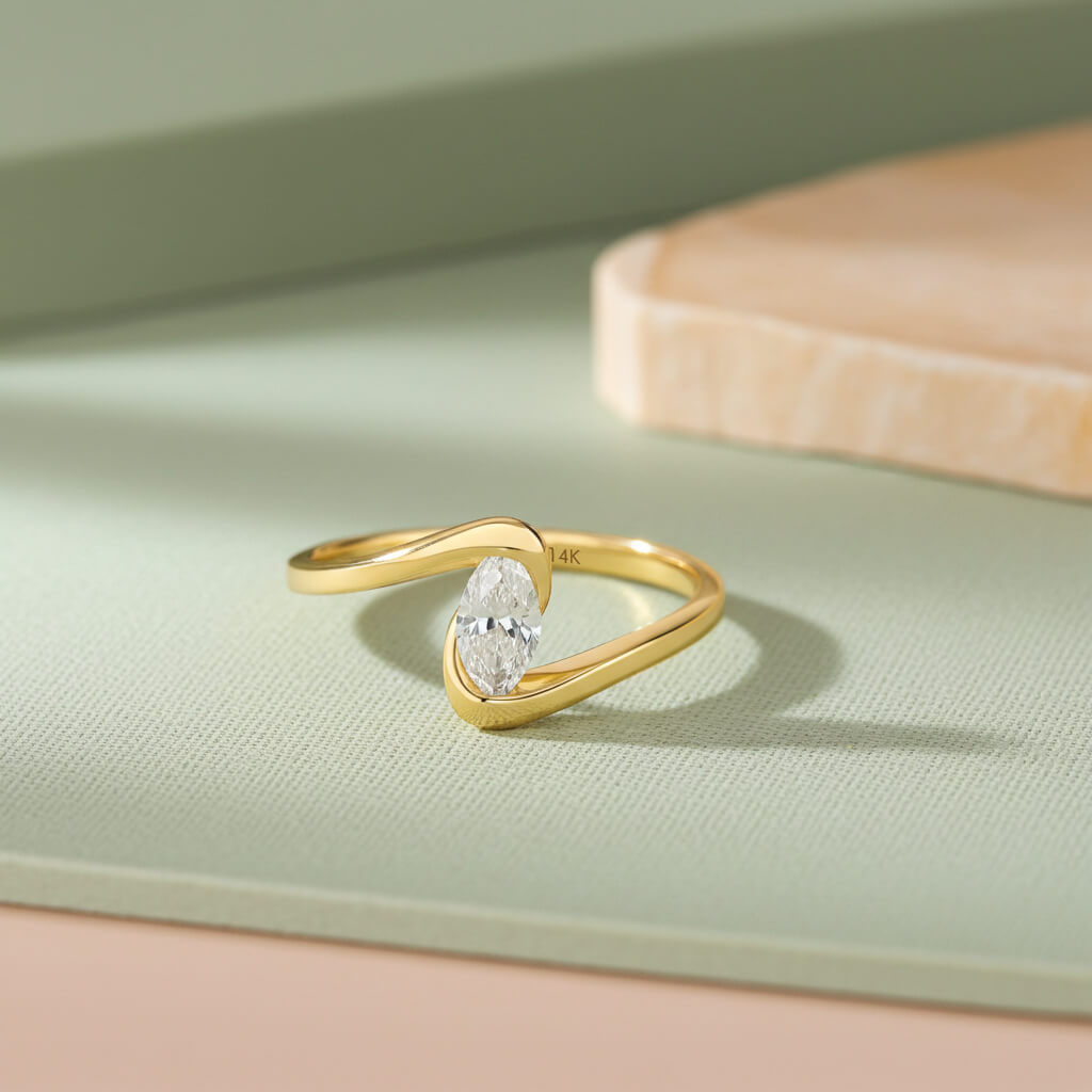 Marquise Moissanite Solitaire Bypass Ring in Gold