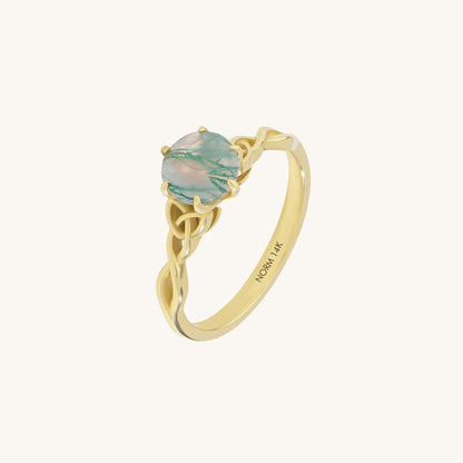 Moss Agate Celtic Solitaire Ring in Gold