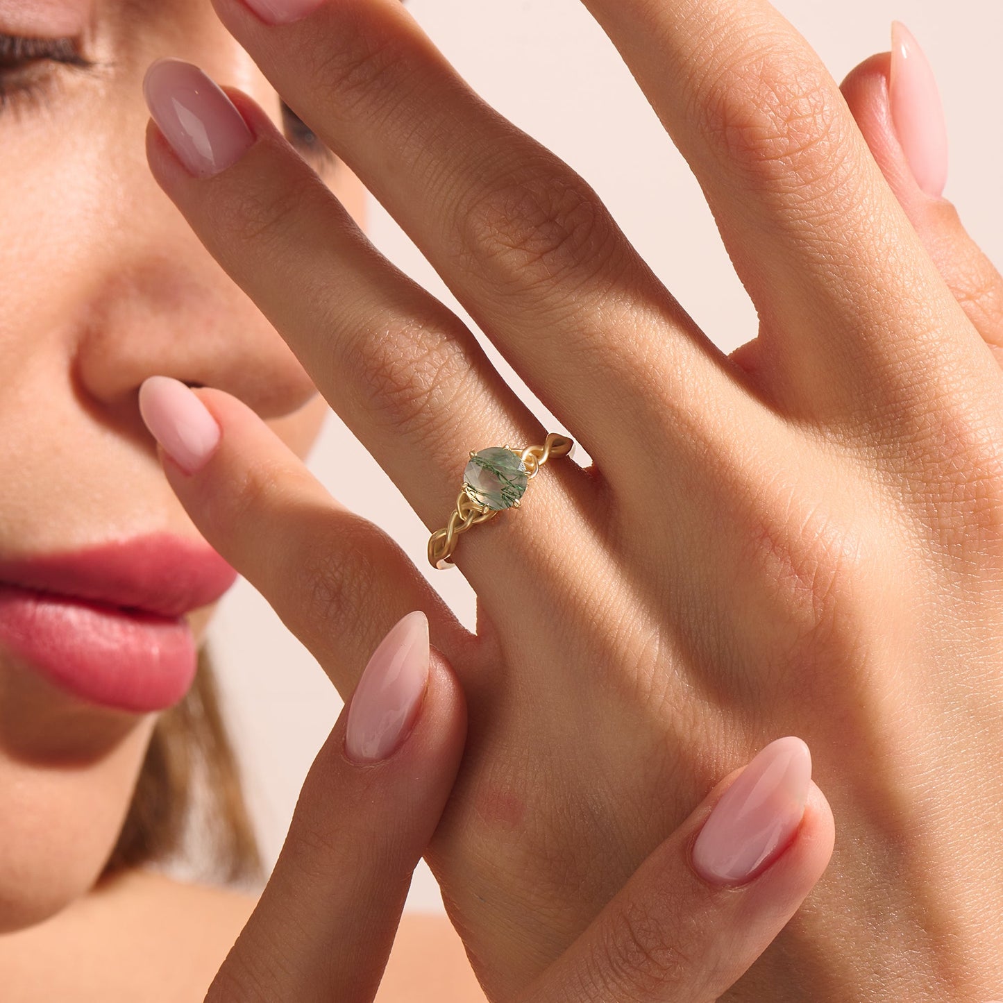 Moss Agate Celtic Solitaire Ring in Gold