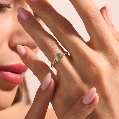 Moss Agate Celtic Solitaire Ring in Gold