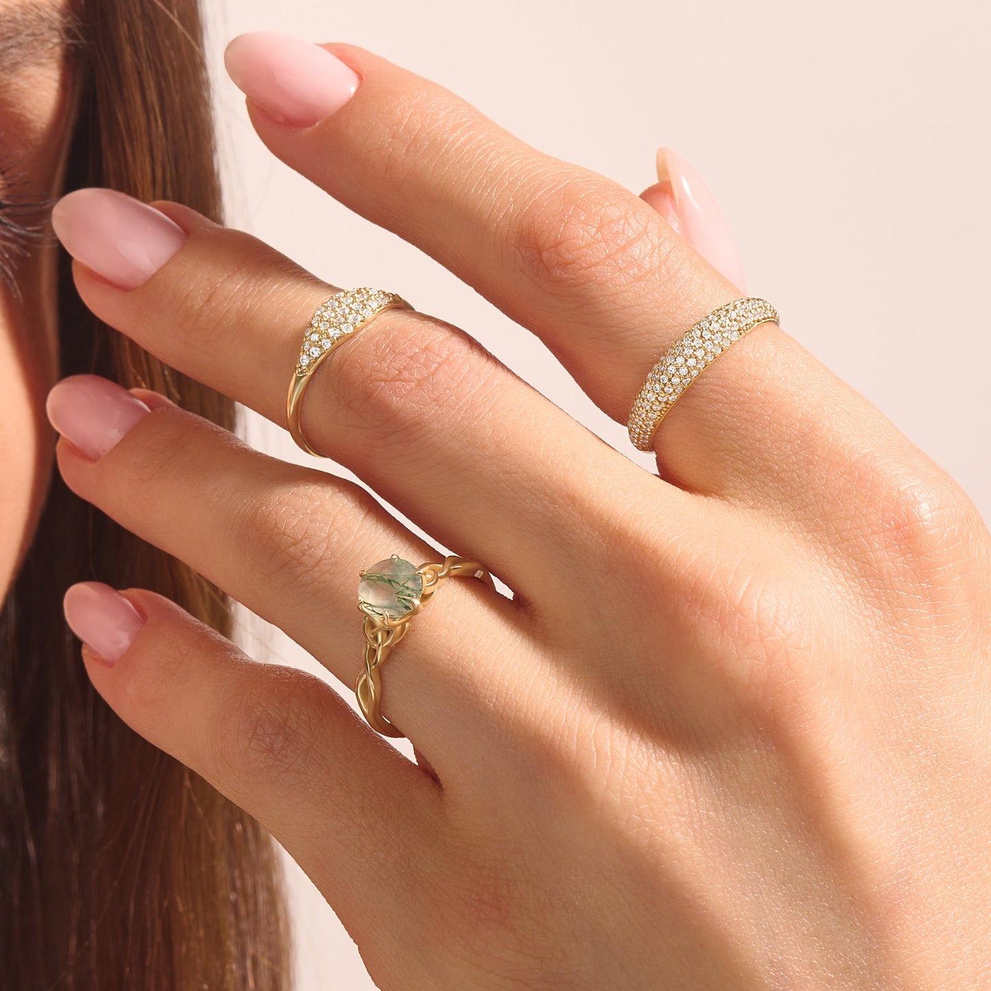 Moss Agate Celtic Solitaire Ring in Gold