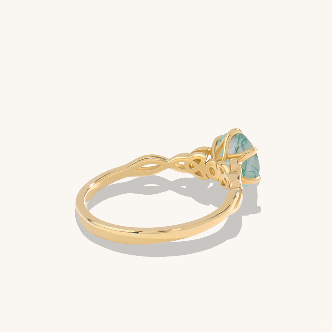 Moss Agate Celtic Solitaire Ring in Gold