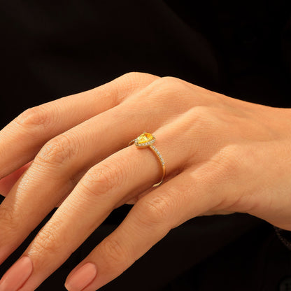 Pear Citrine Halo Solitaire Ring in Gold