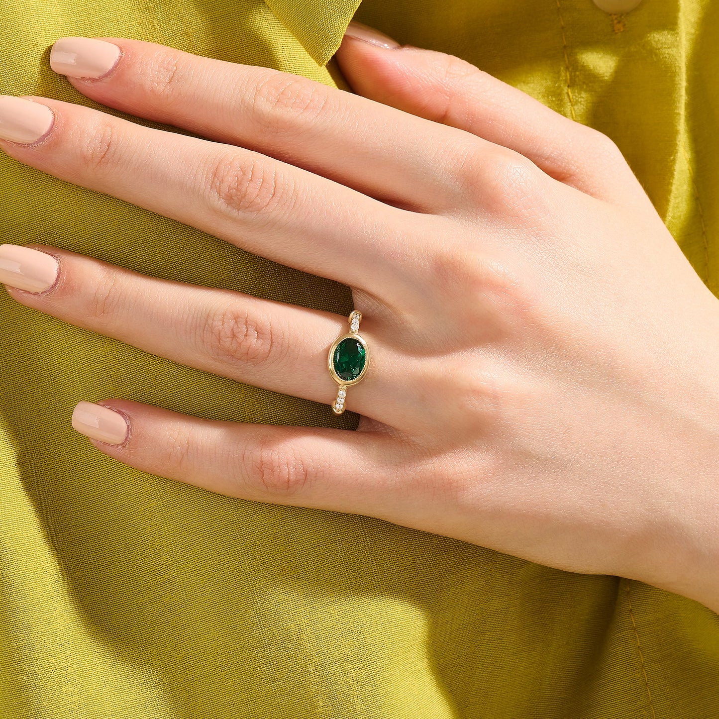 Oval Emerald Bezel Promise Ring in Gold
