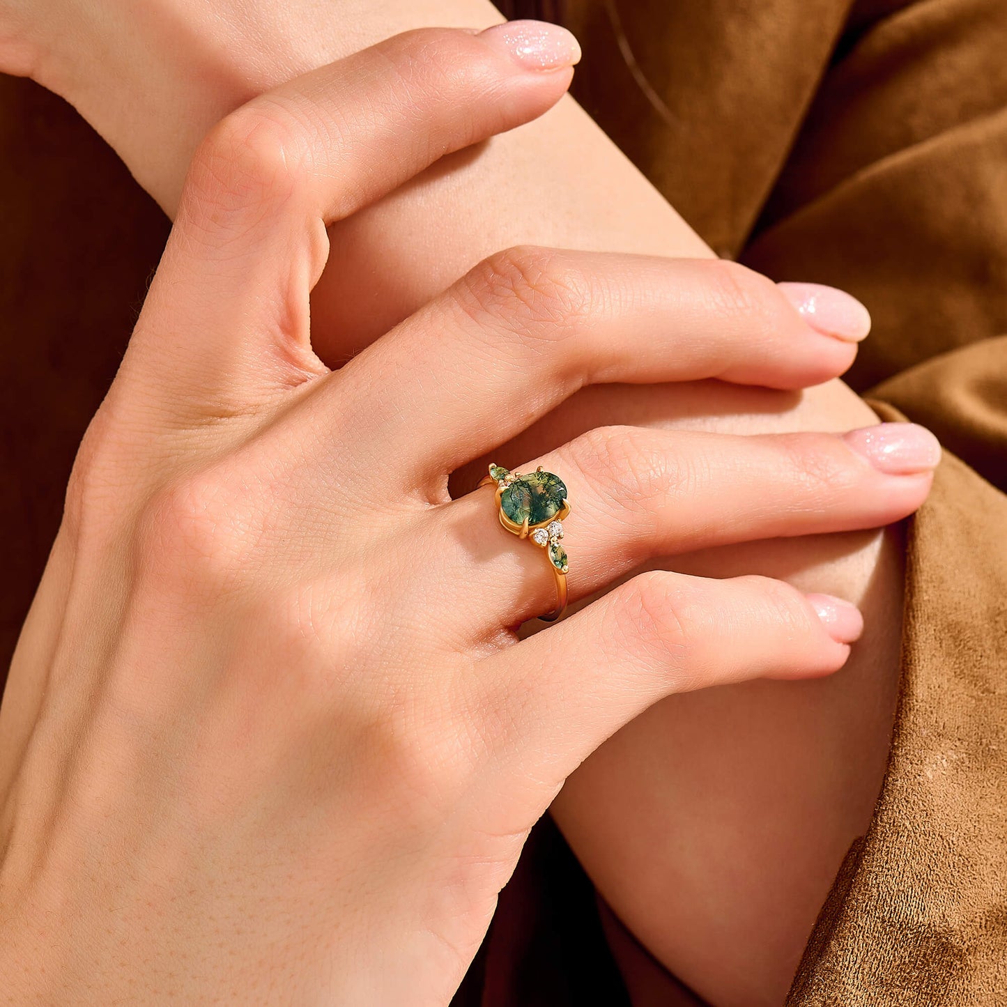 Oval Moss Agate & Diamond Engagement Ring in Gold