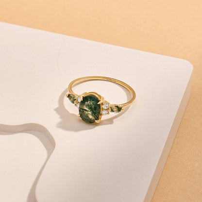 Oval Moss Agate & Diamond Engagement Ring in Gold
