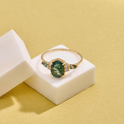 Oval Moss Agate & Diamond Engagement Ring in Gold