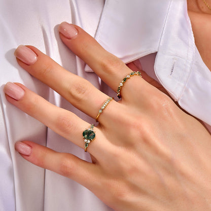 Oval Moss Agate & Diamond Engagement Ring in Gold