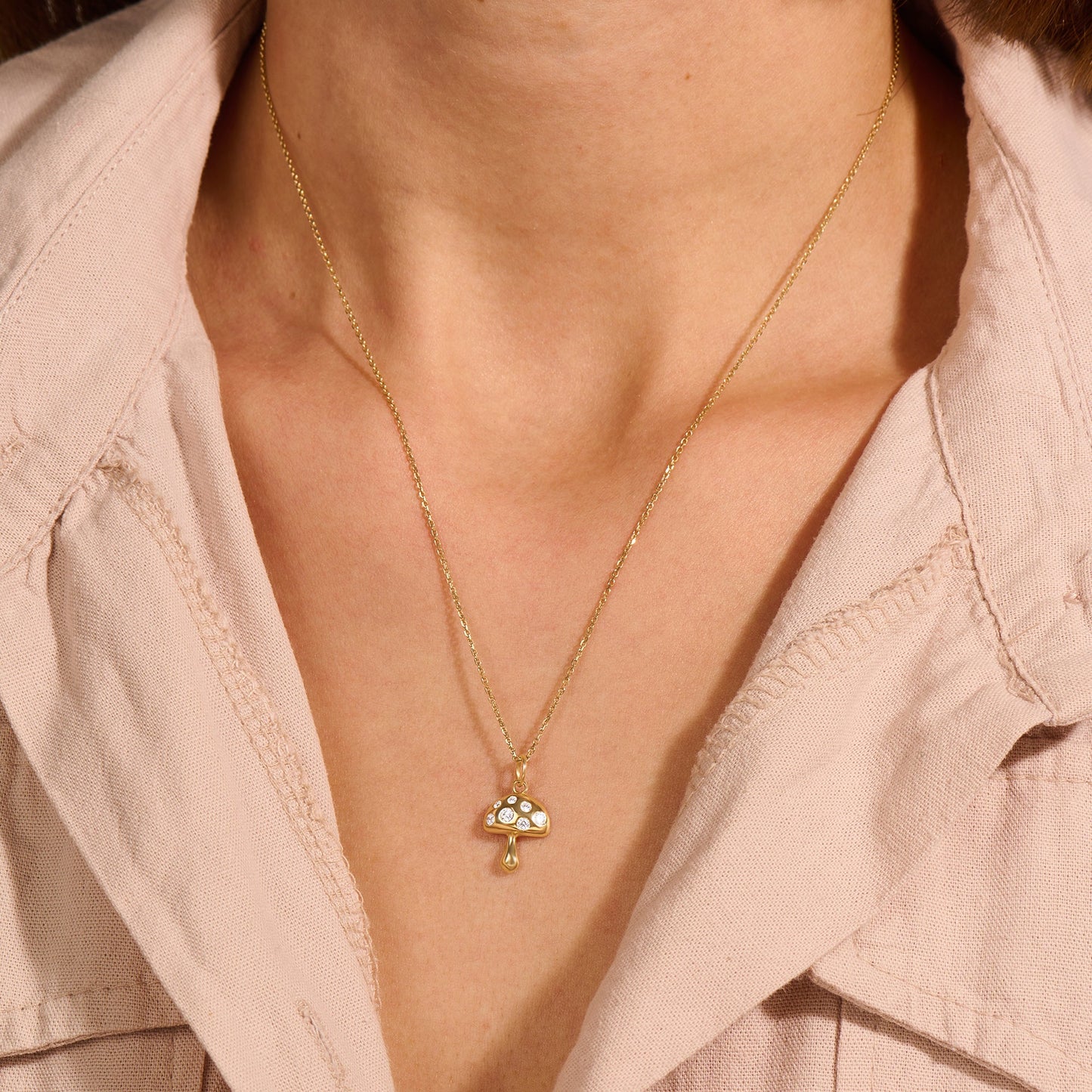 Pave Mushroom Necklace in Gold