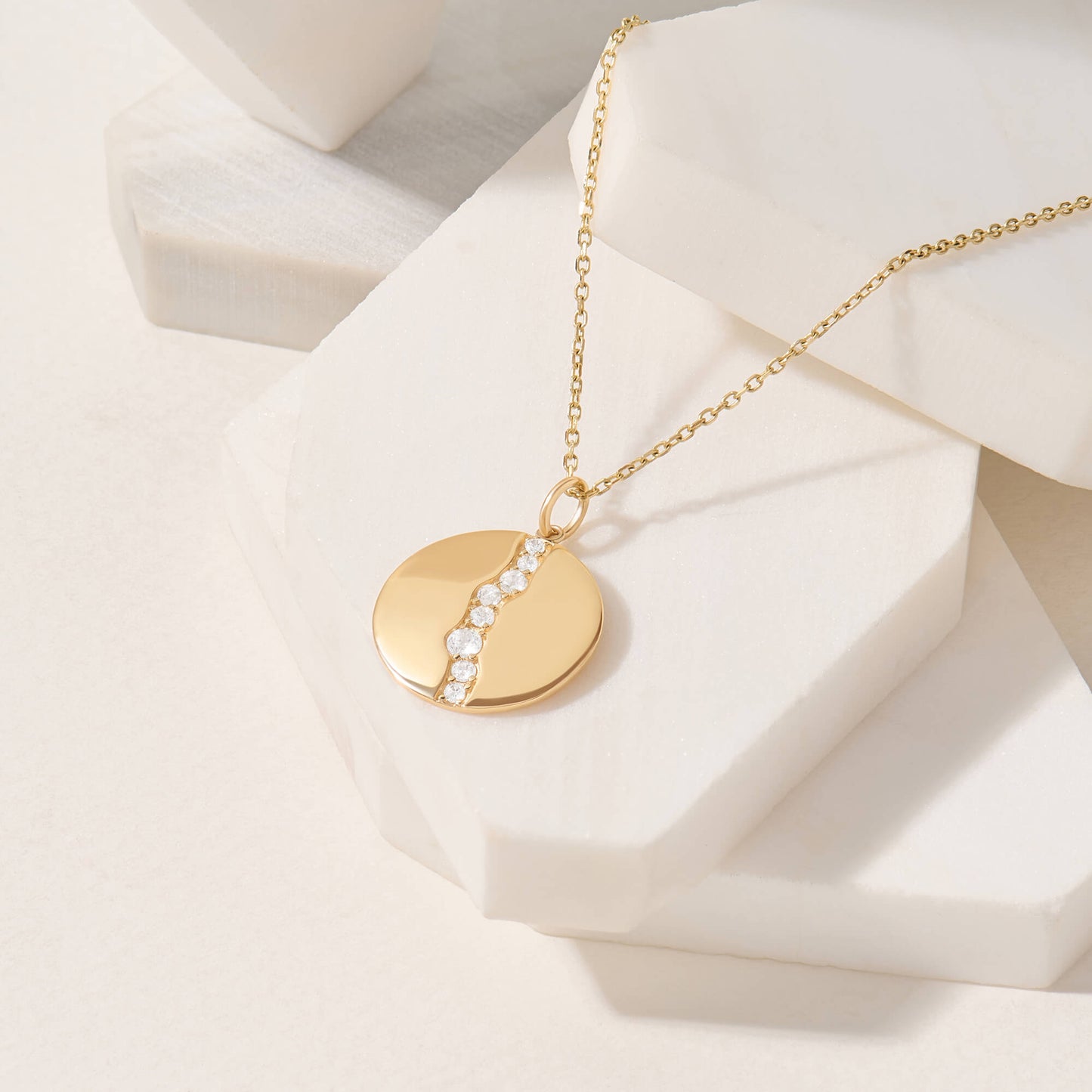 Pave River Coin Necklace in Gold