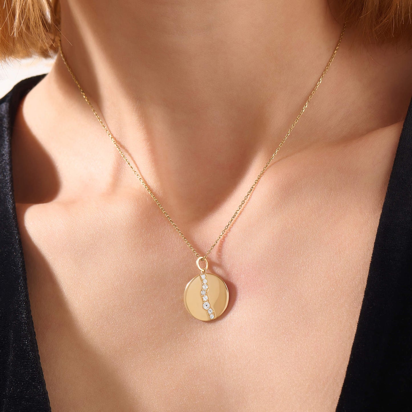 Pave River Coin Necklace in Gold