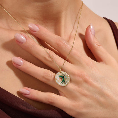 Green Enamel Celestial Harmony Necklace in Gold