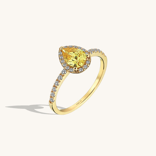 Pear Citrine Halo Solitaire Ring in Gold