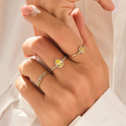 Pear Citrine Halo Solitaire Ring in Gold