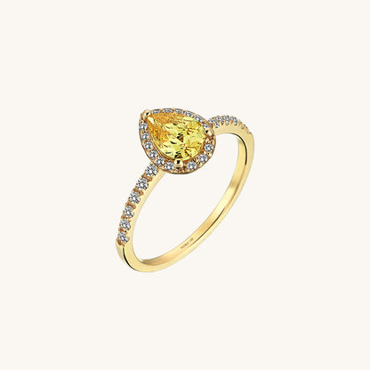 Pear Citrine Halo Solitaire Ring in Gold