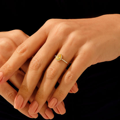 Pear Citrine Halo Solitaire Ring in Gold