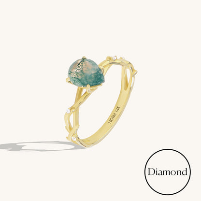 Pear Moss Agate Twig Ring in Gold