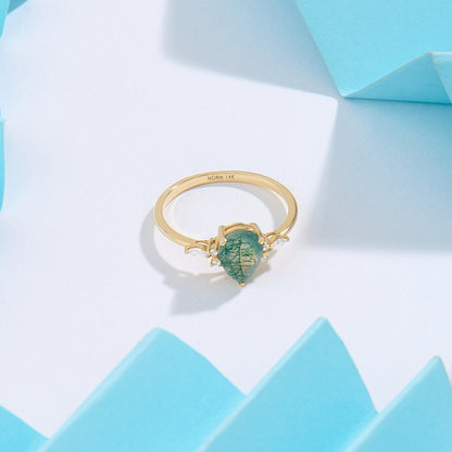 Pear Moss Agate & Diamond Engagement Ring in Gold