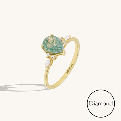 Pear Moss Agate & Diamond Engagement Ring in Gold