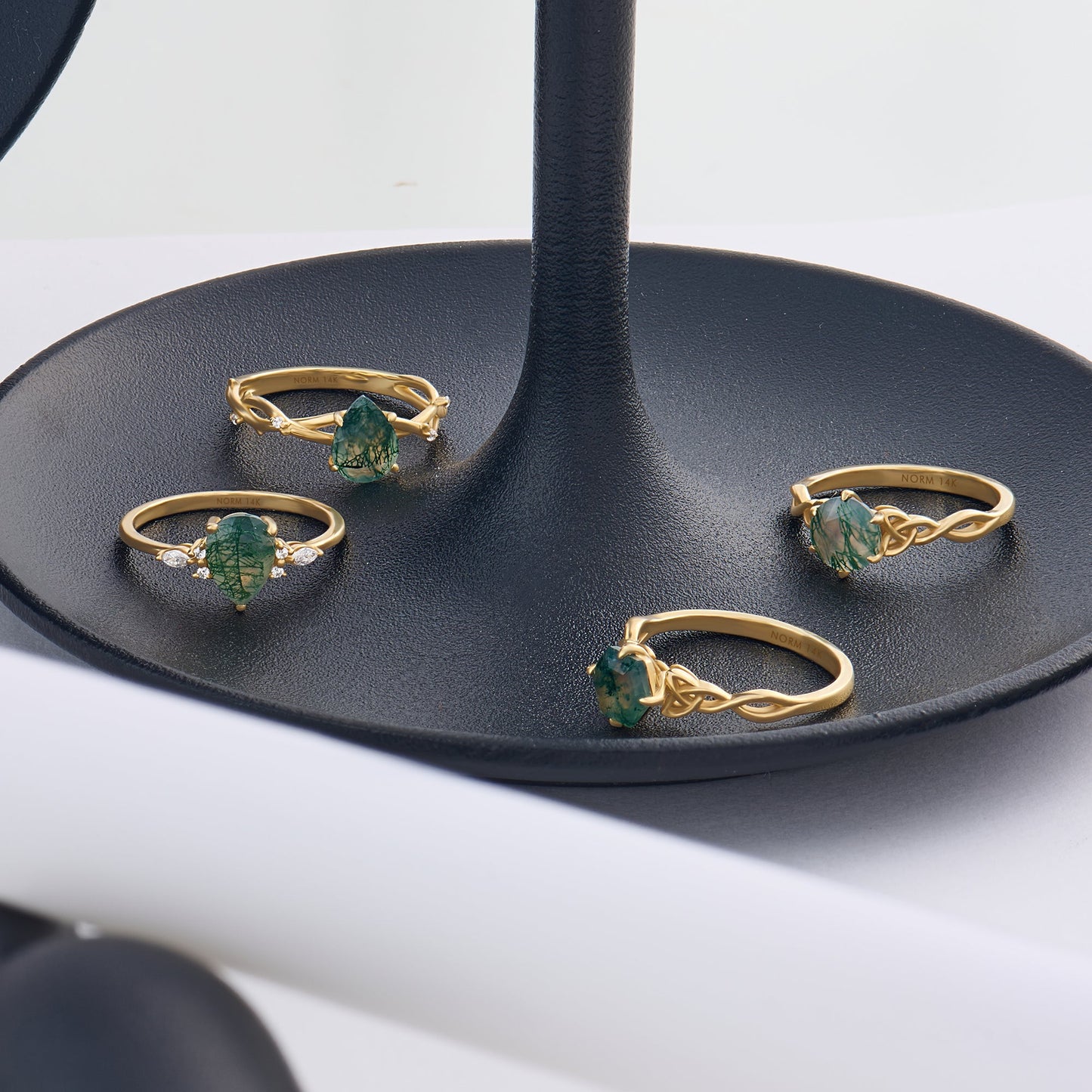 Pear Moss Agate & Diamond Engagement Ring in Gold