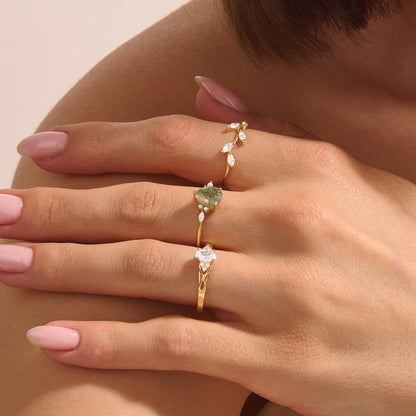 Pear Moss Agate & Diamond Engagement Ring in Gold