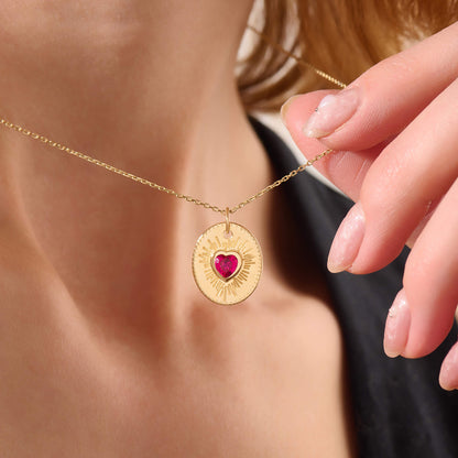 Ruby Heart Sunburst Necklace in Gold