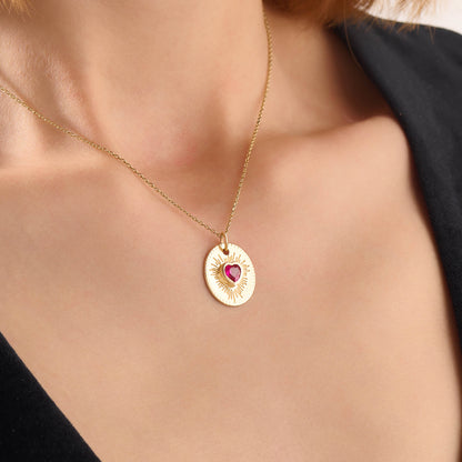 Ruby Heart Sunburst Necklace in Gold