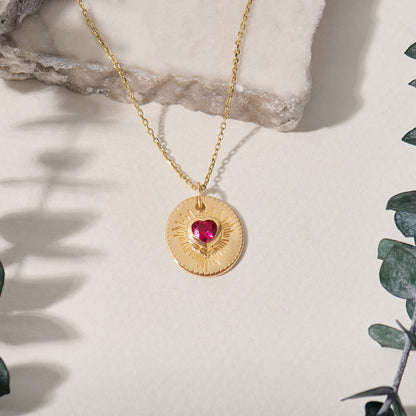 Ruby Heart Sunburst Necklace in Gold