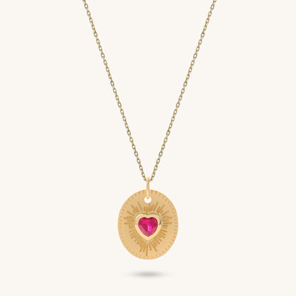 Ruby Heart Sunburst Necklace in Gold