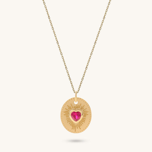 Ruby Heart Sunburst Necklace in Gold