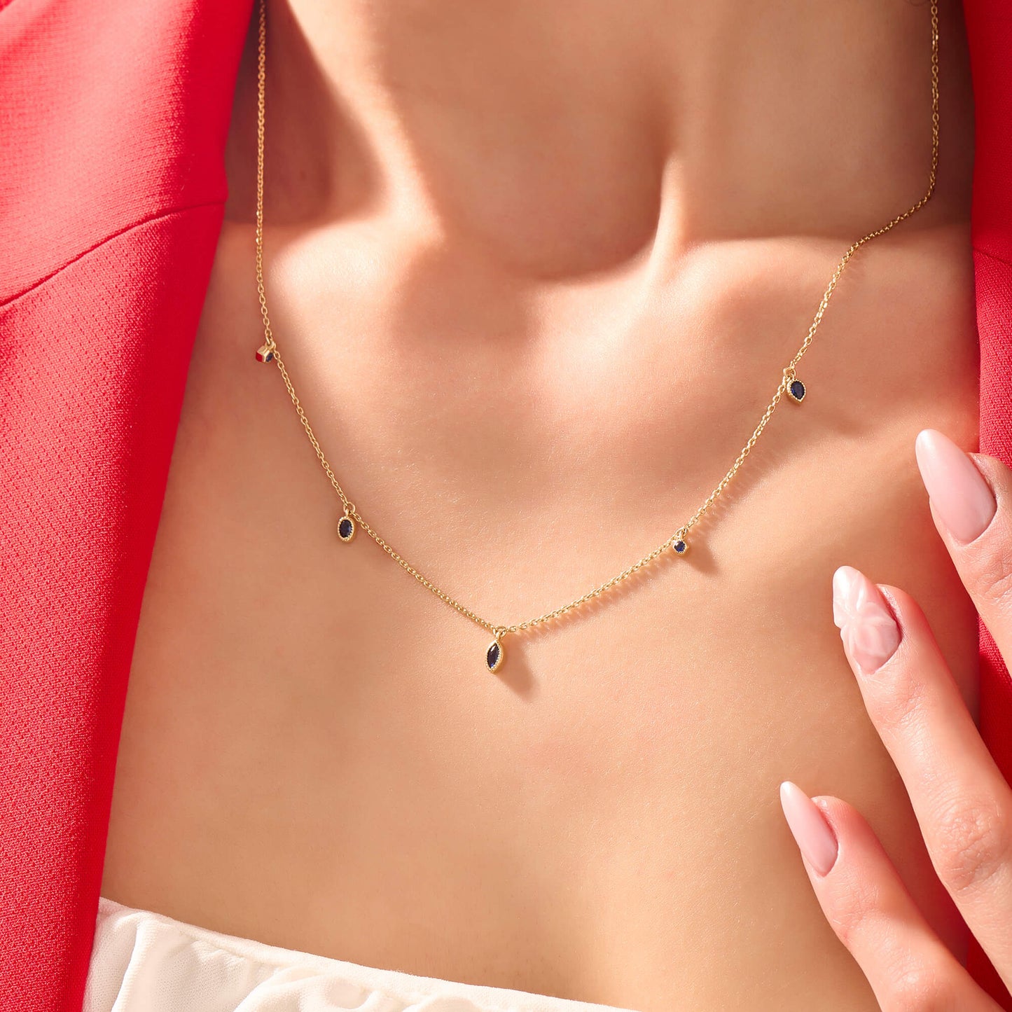 Sapphire Bezel Station Necklace in Gold