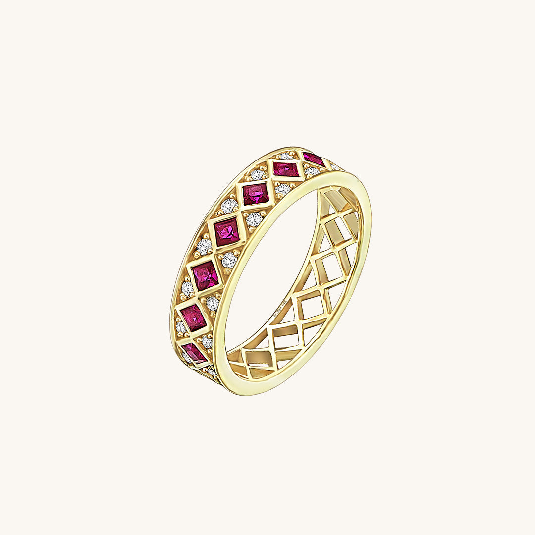 Square Ruby Half Eternity Wedding Band Ring in Gold