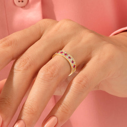 Square Ruby Half Eternity Wedding Band Ring in Gold