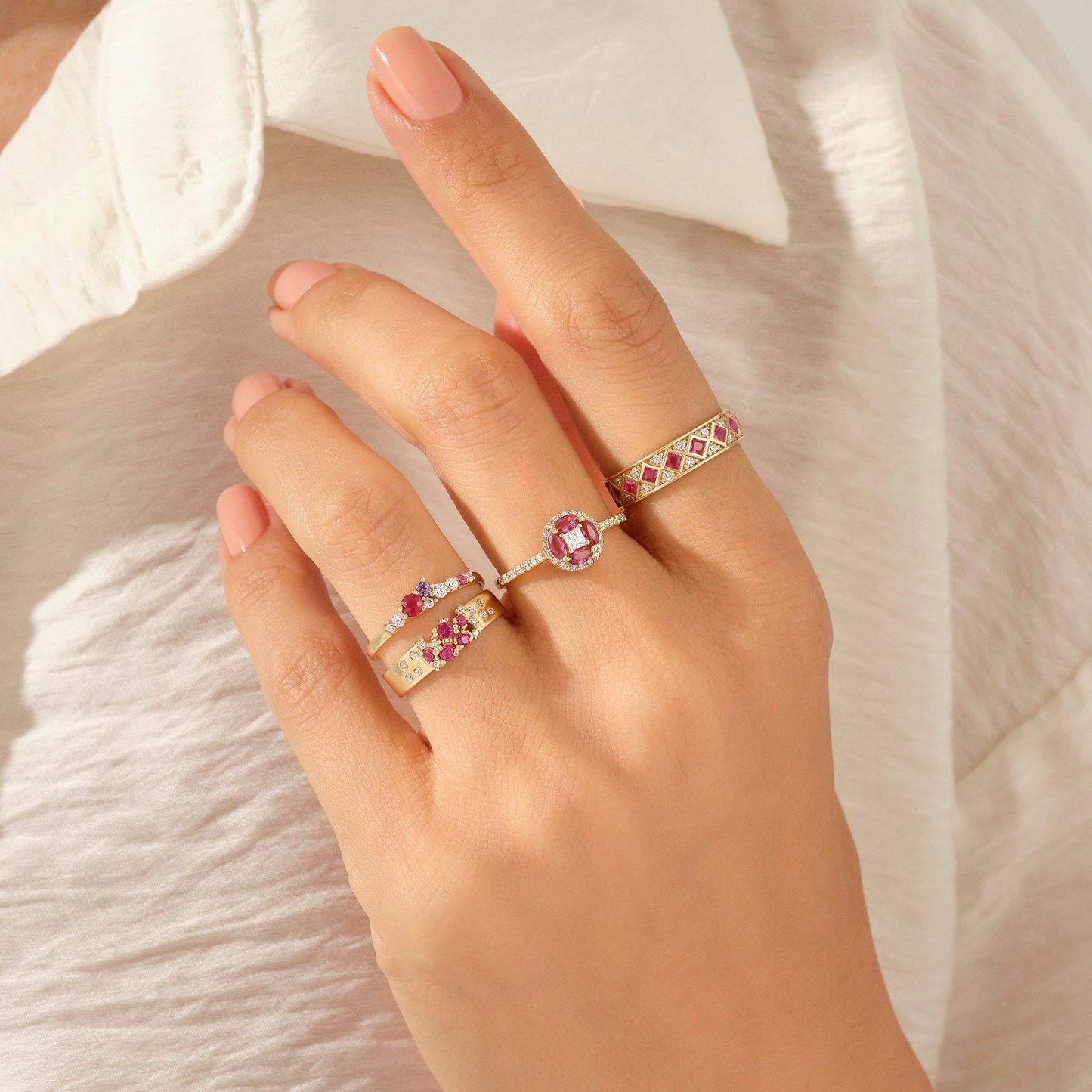 Square Ruby Half Eternity Wedding Band Ring in Gold