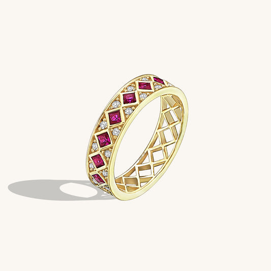 Square Ruby Half Eternity Wedding Band Ring in Gold