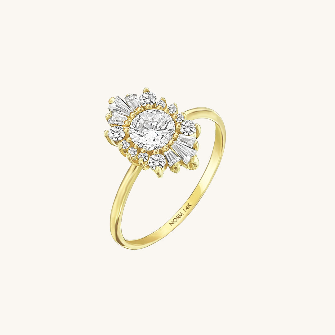 Sunburst Halo Tapered Baguette Ring in Gold