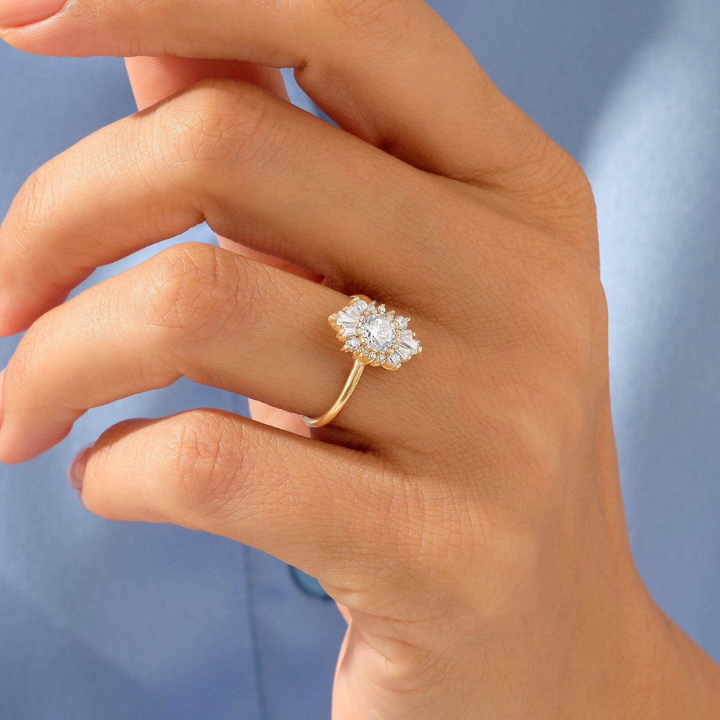 Sunburst Halo Tapered Baguette Ring in Gold