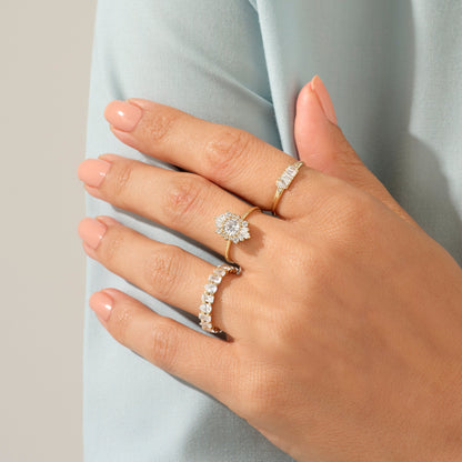 Sunburst Halo Tapered Baguette Ring in Gold